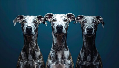 Three dogs in a row against a dark background
