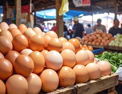 Fresh eggs piled high in a bustling market