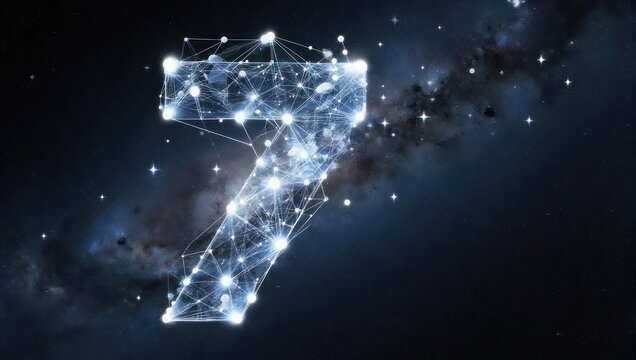 Striking digital number seven formed by glowing interconnected nodes against a cosmic nebula and starfield backdrop for technology and data themes