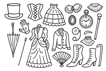 Victorian Fashion Doodle Icons. Hand-drawn doodle illustration Victorian fashion [top hat, corset, crinoline, lace, brooch, pocket watch, gloves, umbrella,