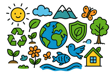 Fototapeta premium Environmental Protection Doodle. Colorful Hand-drawn doodle Children illustration Environmental protection [Earth globe, shield, green leaf, recycling arrows,