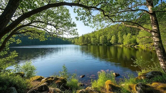 A still lake is framed by verdant tree branches with a dense forest lining its distant shores Mossy rocks and lush greenery border the water in the foreground