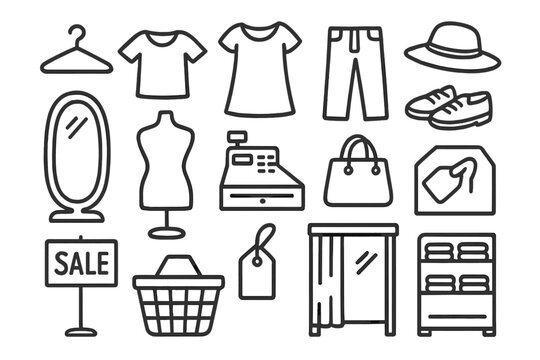 Clothing Store Doodle. Hand-drawn doodle illustration clothing shop hanger, t-shirt, dress, pants, shoes, hat, mirror, mannequin, cash register, bag, price