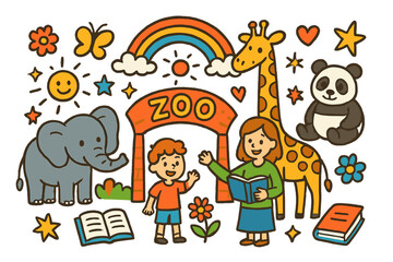Zoo Adventure Doodles. Colorful Hand-drawn doodle Children illustration Zoo Education for Kids [zoo gate, child, teacher, elephant, giraffe, panda, rainbow,