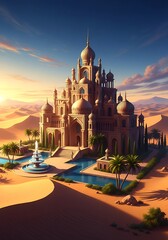 A magnificent palace, adorned with ornate details, stands majestically amidst a golden desert landscape at sunrise, exuding a serene and majestic ambiance.