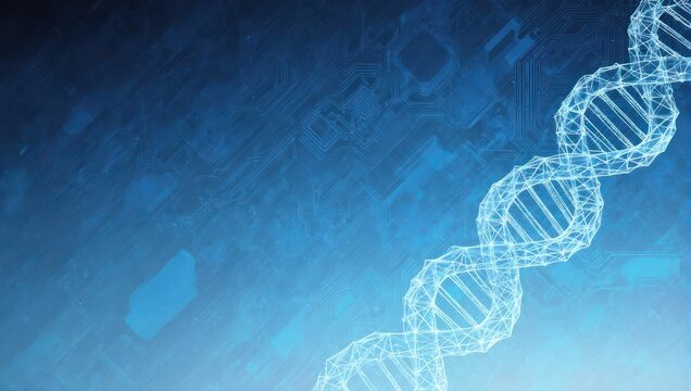 Stunning digital DNA helix glows against a futuristic blue circuit board backdrop, symbolizing science, medicine, and innovation. - Powered by Adobe