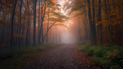 A serene path through a misty autumn forest with the lucid glow of a soft sunset