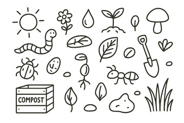 Healthy Soil Doodles. Hand-drawn doodle illustration healthy soil ecosystem worm, beetle, ant, root, sprout, seed, mushroom, leaf, flower, grass, water
