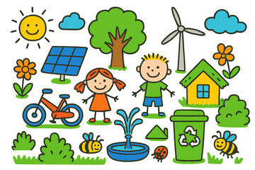 Eco-friendly Park Doodle. Colorful Hand-drawn doodle Children illustration Eco-friendly park solar panel, tree, wind turbine, flower, grass, bike, recycling