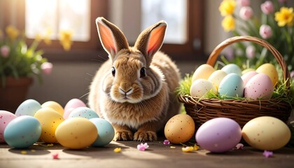 Easter bunny with colorful eggs