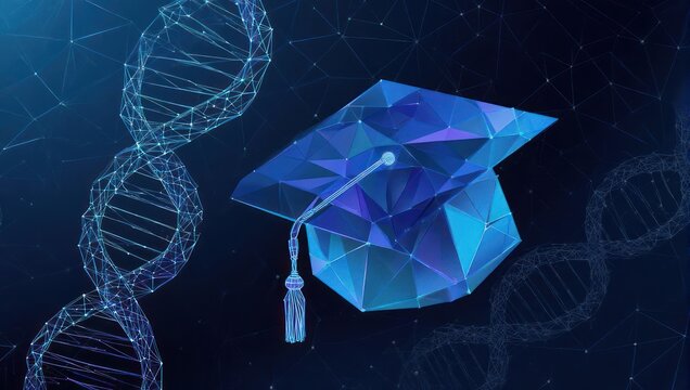 Stunning graduation cap and DNA helix symbolize groundbreaking scientific discovery and academic achievement in cutting-edge research - Powered by Adobe
