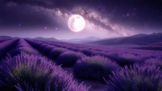 Enchanting lavender fields under a luminous full moon and starry galaxy create a breathtaking, serene night landscape, evoking peace and wonder.
