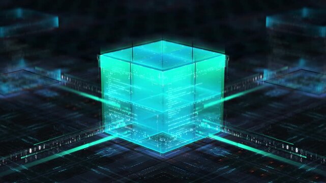 Futuristic Technology Animation of Blockchain Network With Data Background. Concept of Artificial Intelligence Cybersecurity Digital for Servers Computer Systems. Glowing Global Cubes Connection 4k