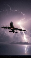 A large jet airplane takes flight during a dramatic thunderstorm, showcasing intense lightning and heavy rain.