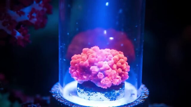 Illuminated coral reef specimen displayed in a glass aquarium tank with deep blue lighting