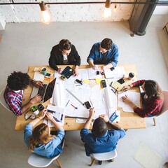 Overhead view of diverse people in a meeting
