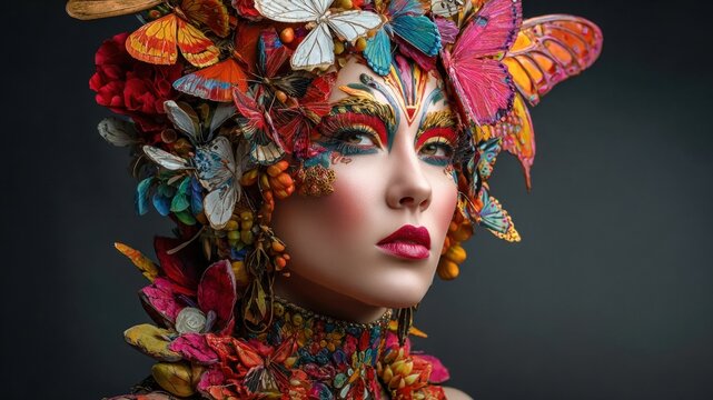 Surreal portrait woman butterfly headdress vibrant makeup fantasy floral headpiece colorful artistic beauty creative expression - Powered by Adobe