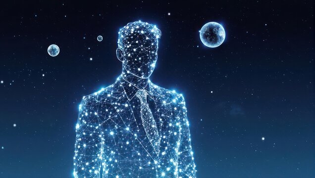 Dynamic digital man composed of glowing connections in starry cosmic expanse, representing innovation and future technology