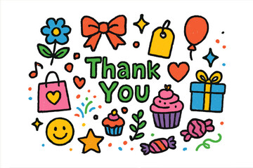 Naklejka premium Colorful Thank You Doodles. Colorful Hand-drawn doodle Children illustration Thank you gifts flower, ribbon, bow, tag, heart, present, balloon, sparkles,