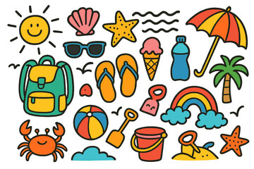 Beach Adventure Doodles. Colorful Hand-drawn doodle Children illustration Beach Backpacking [backpack, flip flops, sun, seashell, starfish, umbrella,