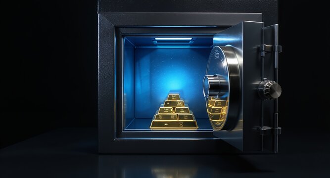 Open Safe with Gold Bars in Pyramid Shape, Security Concept, Wealth, Finance, Investment Illustration