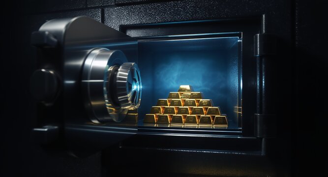 Open vault with gold bars inside, financial security concept
