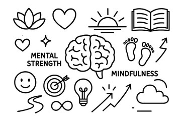 Mindful Symbols Doodle. Hand-drawn doodle illustration Mental strength and mindfulness brain, lotus flower, heart, sunrise, book, star, spark, infinity symbol,