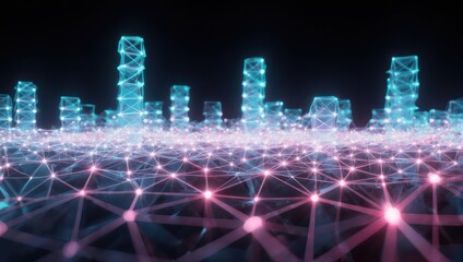 Stunning digital network visualization of a futuristic city skyline glowing with vibrant neon lights and interconnected data nodes
