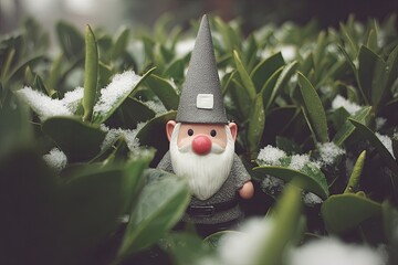 Gnome figurine hidden in snowy greenery