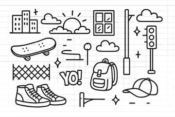 Obraz premium Urban Skateboarding Doodle. Hand-drawn doodle illustration Urban sunset skateboarding cityscape, skateboard, skyline, window lights, street, sunset icon,
