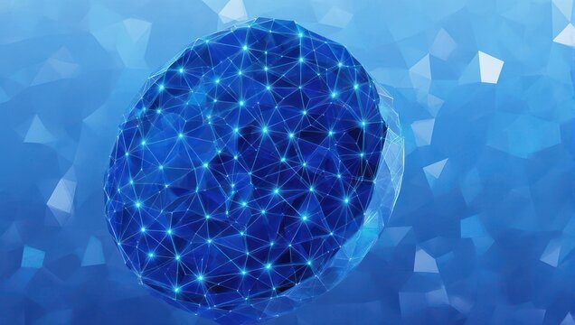 Dynamic glowing blue network sphere with interconnected nodes and bright light pulses against abstract digital background