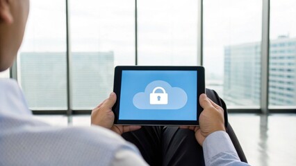 A person holding a tablet displaying a cloud icon with a padlock, symbolizing data security and cloud computing.
