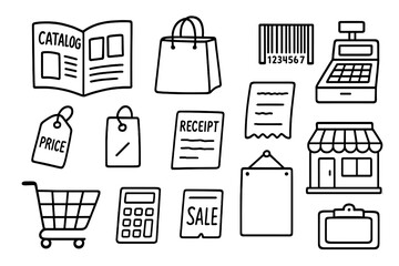 Retail Doodle Icons. Retail. Hand-drawn doodle illustration catalog, shopping bag, barcode, cash register, price tag, receipt, store building, cart,