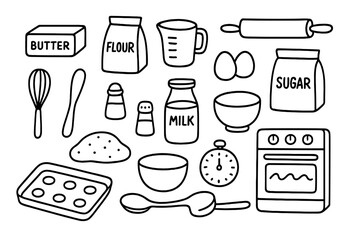 Baking Ingredients Doodle. Hand-drawn doodle illustration Baking Ingredients butter block, flour bag, measuring cup, rolling pin, eggs, sugar bag, whisk, milk,