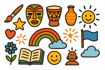 Fototapeta premium Cultural Symbol Doodles. Colorful Hand-drawn doodle Children illustration Art Across Cultures [paintbrush, mask, drum, vase, sculpture, rainbow, star, heart,