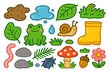 Fototapeta premium Colorful Forest Floor Doodles. Colorful Hand-drawn doodle Children illustration Wet Forest Floor mud, puddle, leaf, frog, moss, snail, boot, mushroom, worm,