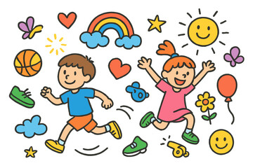 Playful Children's Doodle. Colorful Hand-drawn doodle Children illustration Running and Jumping [child running, child jumping, shoes, ball, heart, star,