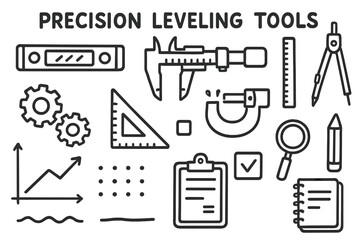 Obraz premium Precision Tools Doodle. Hand-drawn doodle illustration Precision leveling tools [digital level, caliper, micrometer, ruler, compass, pencil, gears, triangle