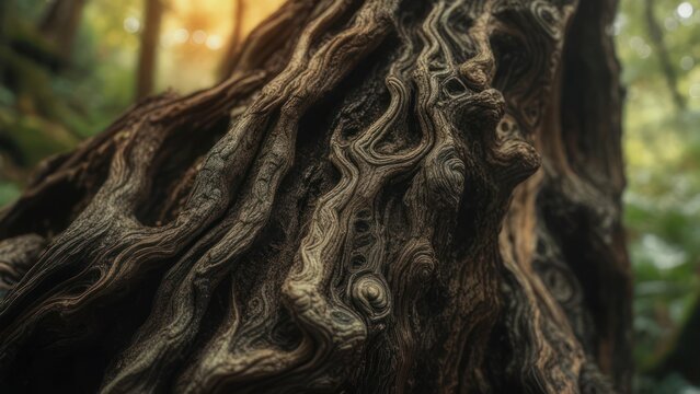Ancient gnarled tree bark texture in lush forest with soft golden sunlight filtering through leaves - Powered by Adobe