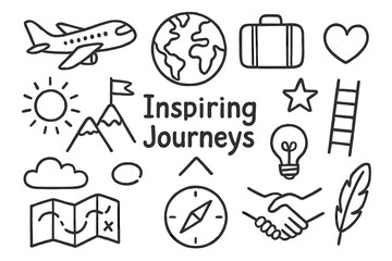 Fototapeta premium Inspiring Journey Doodles. Hand-drawn doodle illustration Inspiring journeys airplane, globe, suitcase, mountain, flag, ladder, sun, cloud, heart, star, map,