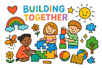 Joyful Puzzle Building. Colorful Hand-drawn doodle Children illustration Building Together puzzle pieces, blocks, rainbow, sun, star, smiling kids, sparkles,
