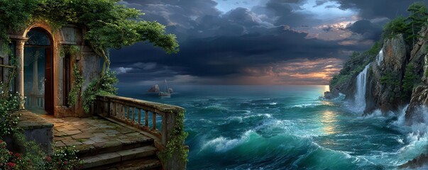Obraz premium Coastal View, Ocean Landscape, Dramatic Seascape, Stone Balcony