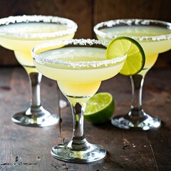 Three margaritas on a rustic wooden table