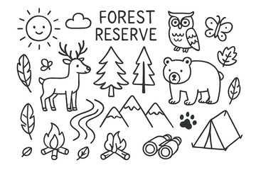 Obraz premium Forest Reserve Doodle. Hand-drawn doodle illustration Forest Reserve [deer, bear, owl, tree, river, mountain, cloud, sun, paw print, feather, butterfly, tent,