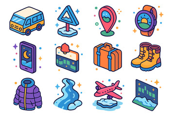 Fototapeta premium Aurora Exploration Icons. Colorful isometric vector icons set of aurora exploration journey: travel van, frozen road sign, GPS tracker, sunrise watch, night