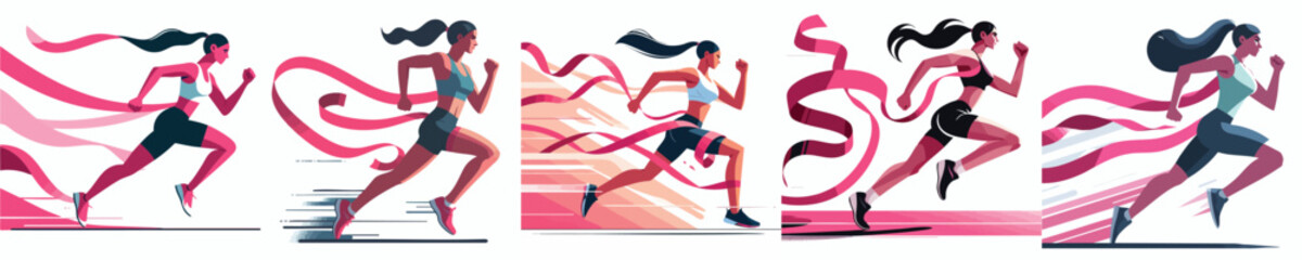 Strong Woman Runner with Pink Ribbon – Breast Cancer Awareness Sport Vector Illustration
