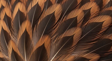 Close-up view of intricately patterned bird feathers, showcasing a captivating interplay of warm browns and deep blacks.