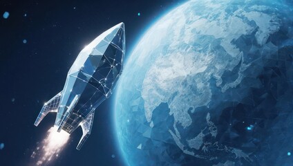 Obraz premium Sleek crystalline rocket blasts off from Earth, embarking on an epic interstellar journey towards the stars and beyond.