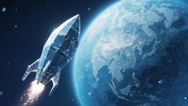 Sleek crystalline rocket blasts off from Earth, embarking on an epic interstellar journey towards the stars and beyond.