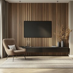 A modern living room scene, featuring a stylish wooden wall paneling, a comfortable armchair, and a television set.